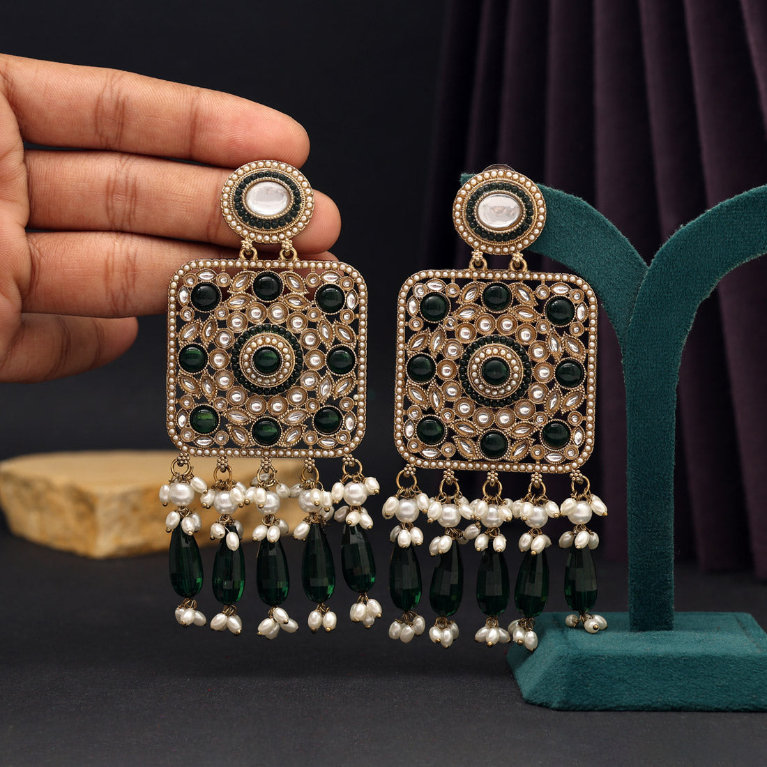 Green Color Kundan Earrings (KDE966GRN) - preyans.com