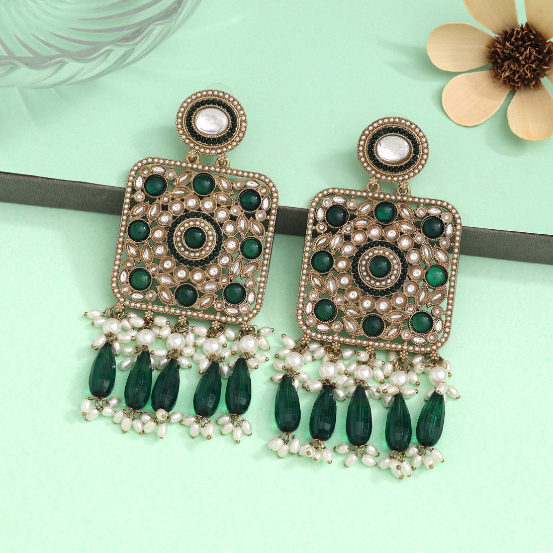 Green Color Kundan Earrings (KDE966GRN) - preyans.com