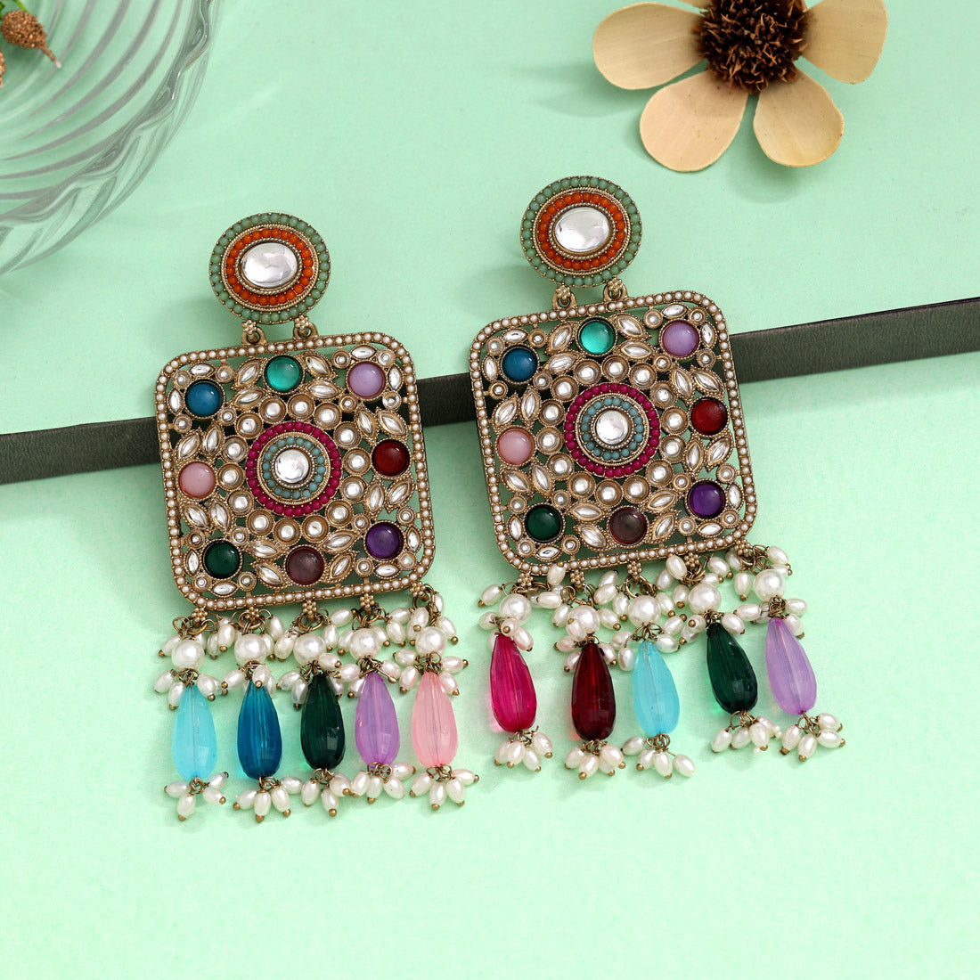 Multi Color Kundan Earrings (KDE966MLT) - preyans.com