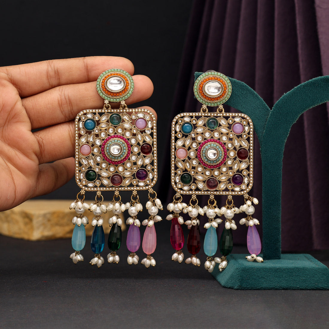 Multi Color Kundan Earrings (KDE966MLT) - preyans.com