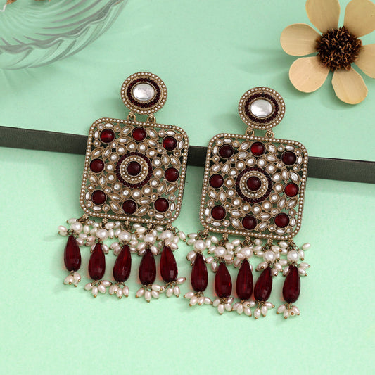 Maroon Color Kundan Earrings (KDE966MRN) - preyans.com