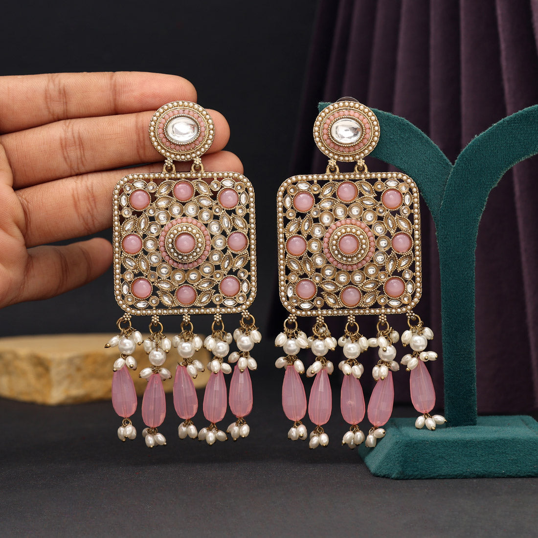 Pink Color Kundan Earrings (KDE966PNK) - preyans.com