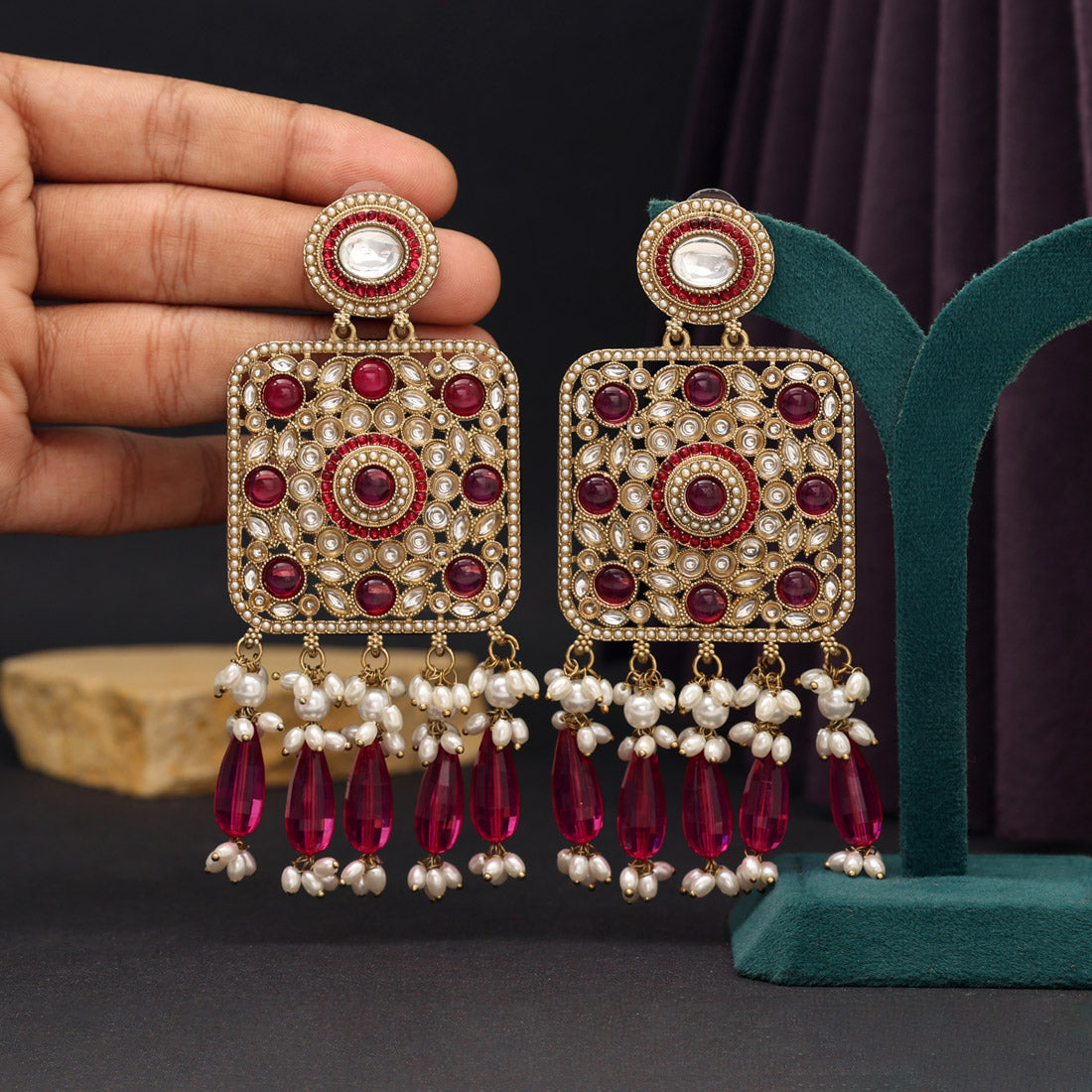 Rani Color Kundan Earrings (KDE966RNI) - preyans.com