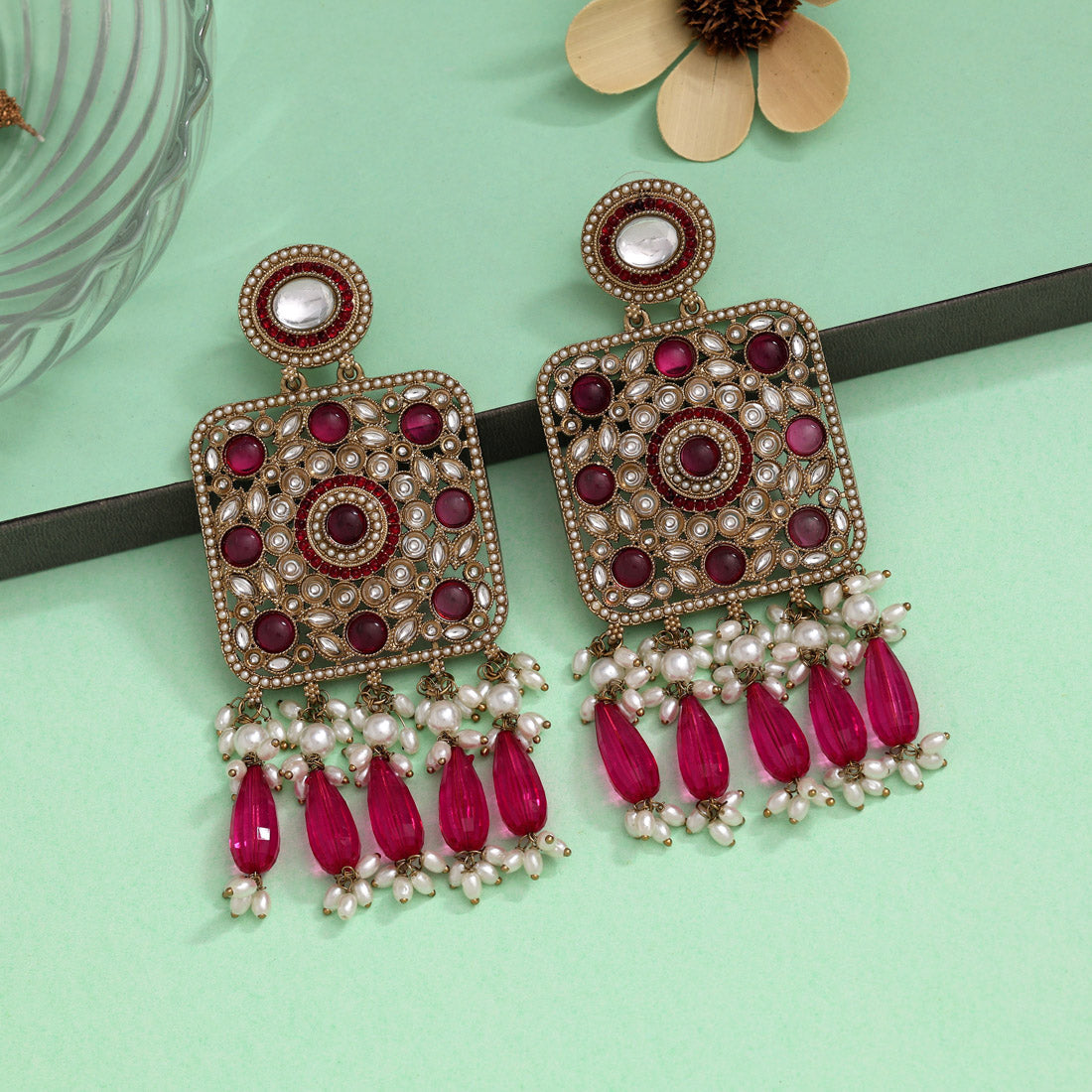 Rani Color Kundan Earrings (KDE966RNI) - preyans.com