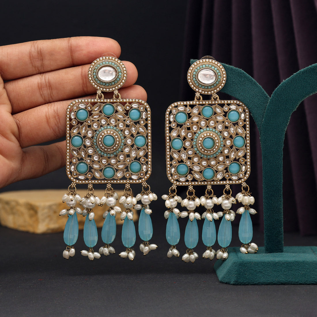 Sky Blue Color Kundan Earrings (KDE966SBLU) - preyans.com