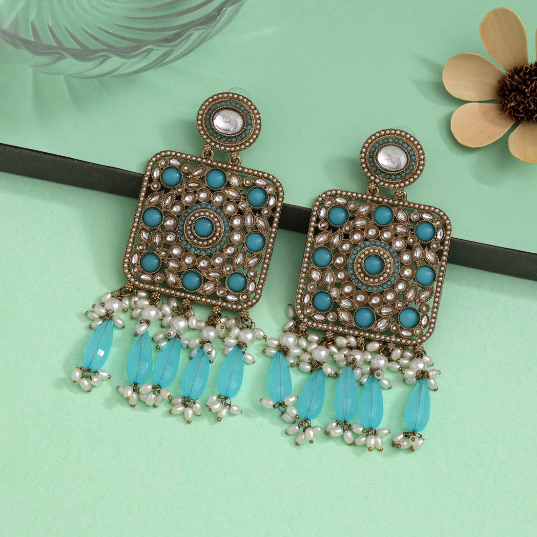 Sky Blue Color Kundan Earrings (KDE966SBLU) - preyans.com