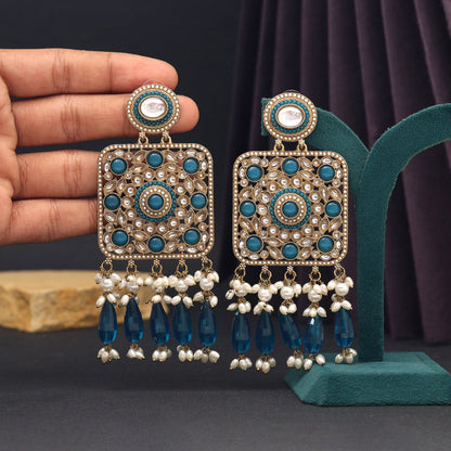 Turquoise Blue Color Kundan Earrings (KDE966TBLU) - preyans.com