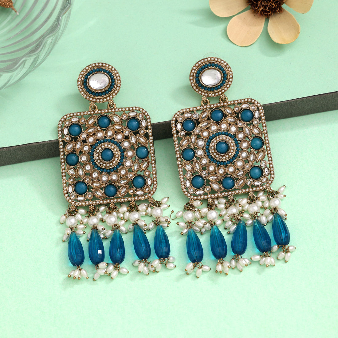 Turquoise Blue Color Kundan Earrings (KDE966TBLU) - preyans.com