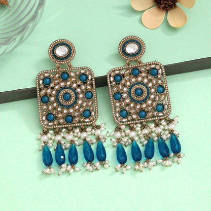 Turquoise Blue Color Kundan Earrings (KDE966TBLU) - preyans.com