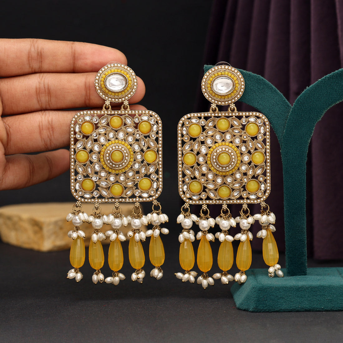 Yellow Color Kundan Earrings (KDE966YLW) - preyans.com