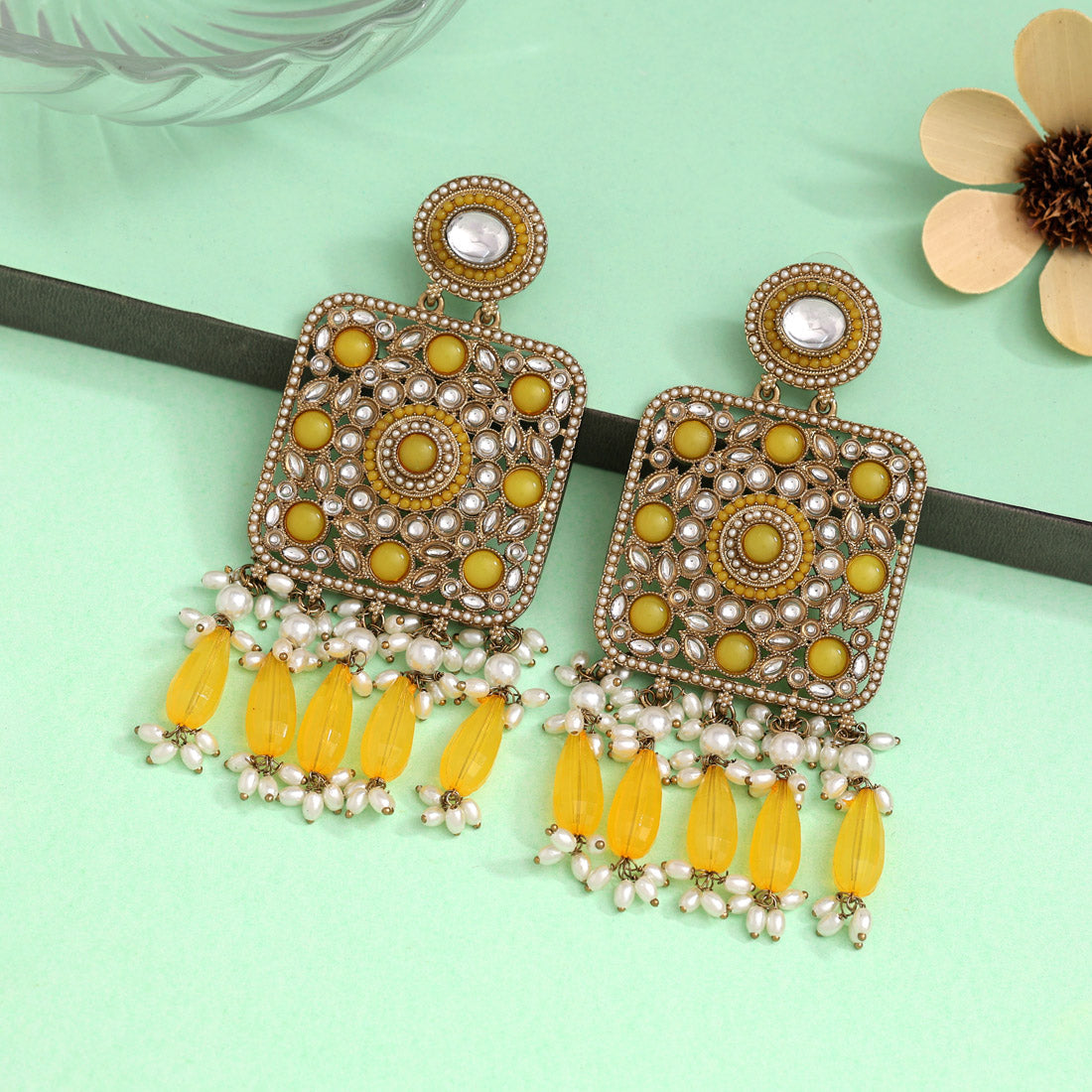 Yellow Color Kundan Earrings (KDE966YLW) - preyans.com