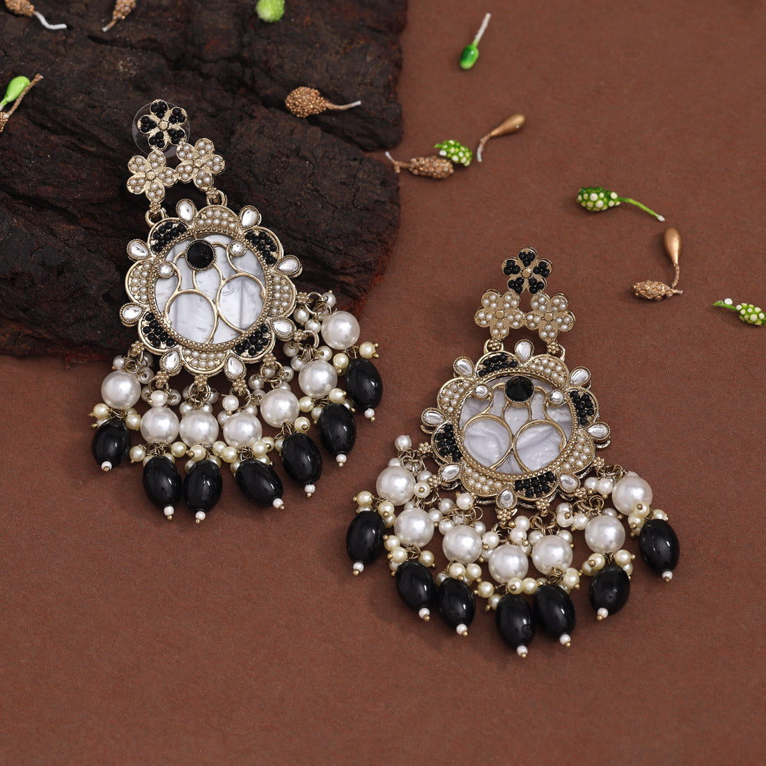 Black Color Mother Of Pearl Kundan Earrings (KDE970BLK) - preyans.com