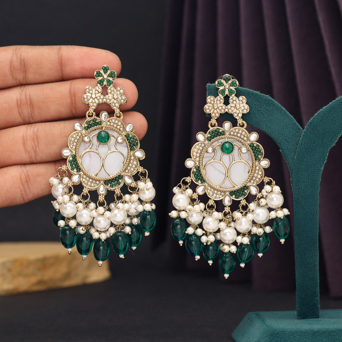 Green Color Mother Of Pearl Kundan Earrings (KDE970GRN) - preyans.com