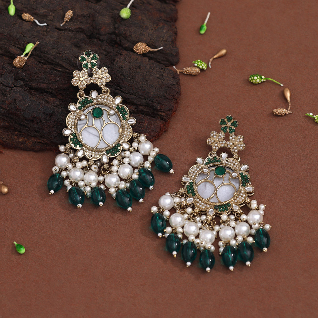 Green Color Mother Of Pearl Kundan Earrings (KDE970GRN) - preyans.com