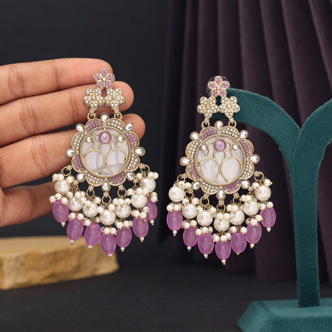 Light Purple Color Mother Of Pearl Kundan Earrings (KDE970LPRP) - preyans.com