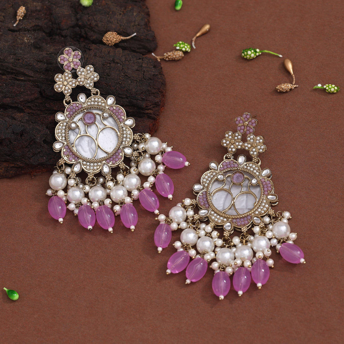 Light Purple Color Mother Of Pearl Kundan Earrings (KDE970LPRP) - preyans.com