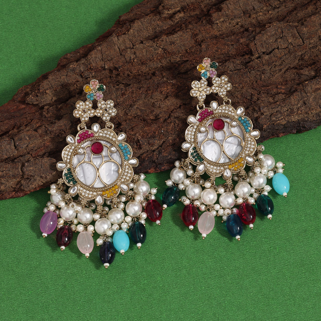 Multi Color Mother Of Pearl Kundan Earrings (KDE970MLT) - preyans.com