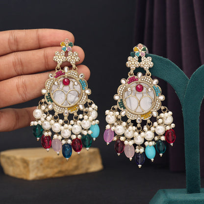 Multi Color Mother Of Pearl Kundan Earrings (KDE970MLT) - preyans.com