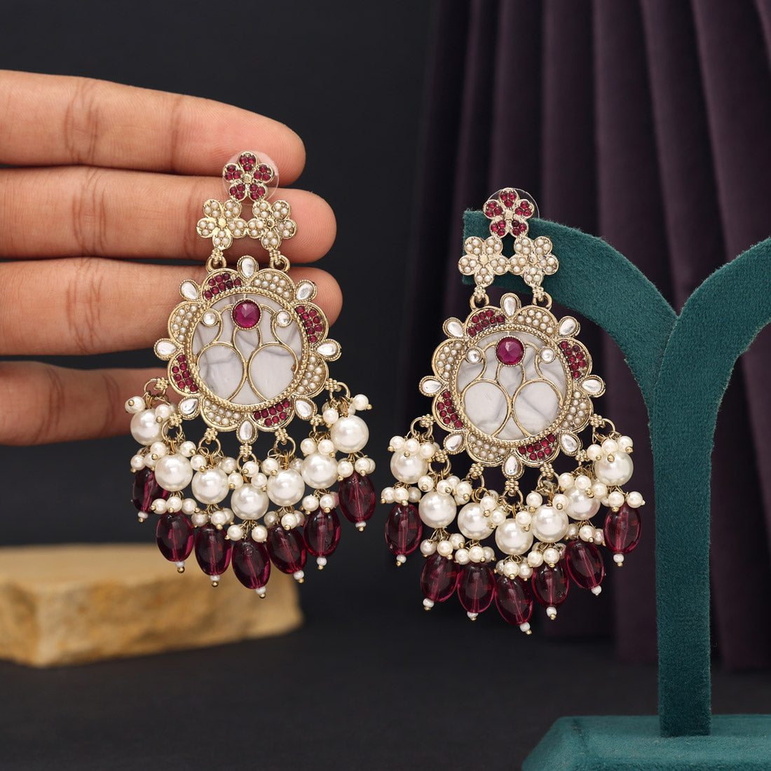 Magenta Color Mother Of Pearl Kundan Earrings (KDE970MNT) - preyans.com