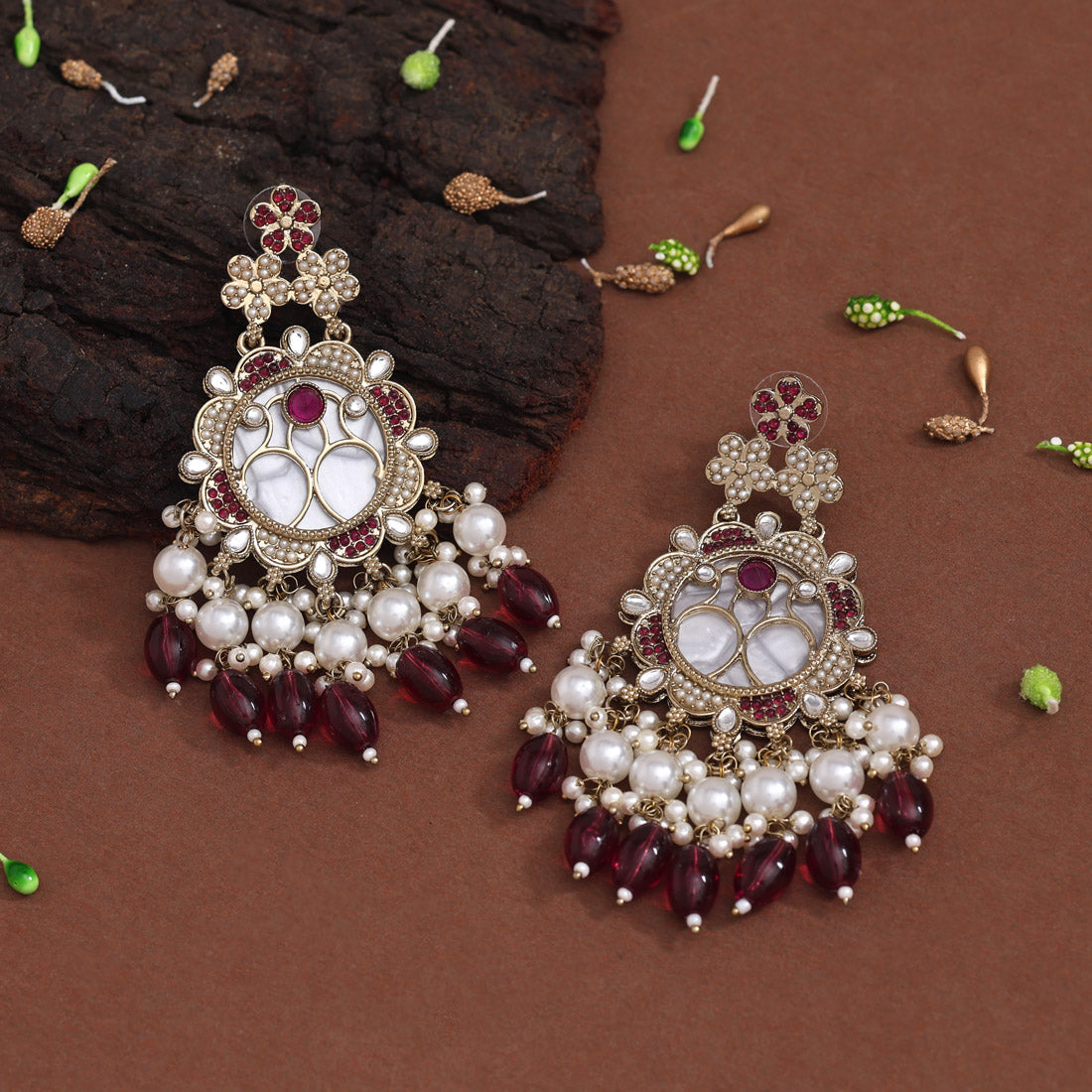 Magenta Color Mother Of Pearl Kundan Earrings (KDE970MNT) - preyans.com