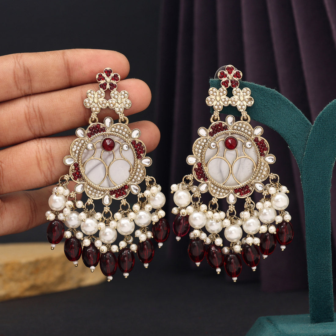 Maroon Color Mother Of Pearl Kundan Earrings (KDE970MRN) - preyans.com