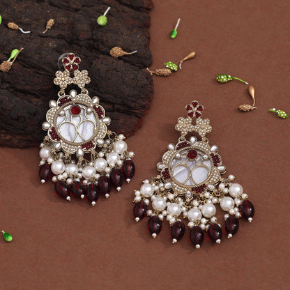 Maroon Color Mother Of Pearl Kundan Earrings (KDE970MRN) - preyans.com