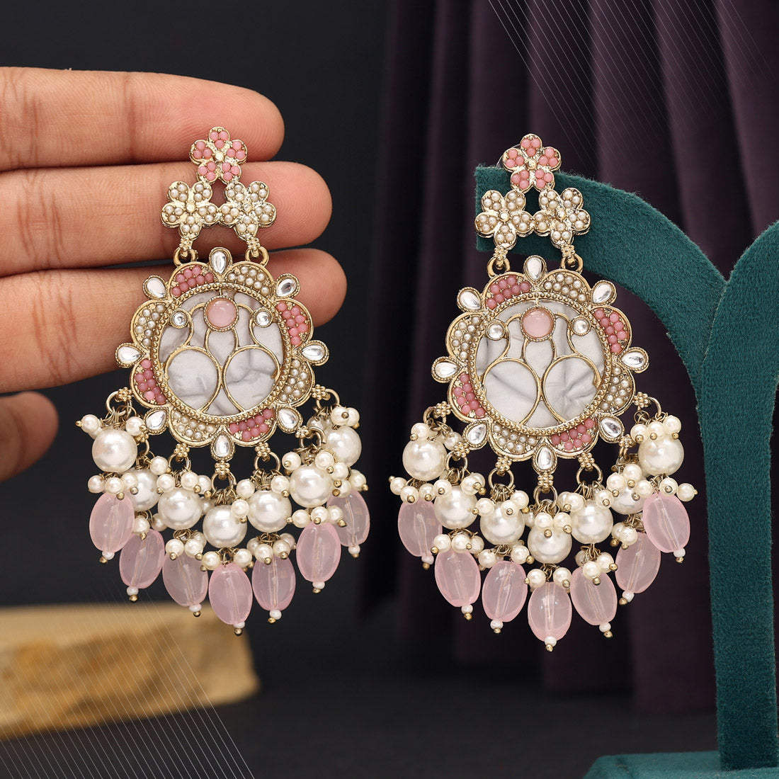 Pink Color Mother Of Pearl Kundan Earrings (KDE970PNK) - preyans.com