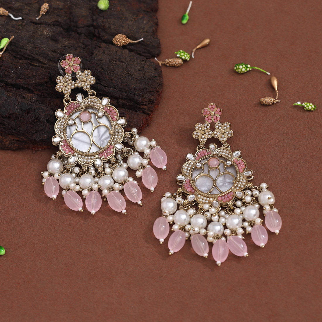 Pink Color Mother Of Pearl Kundan Earrings (KDE970PNK) - preyans.com