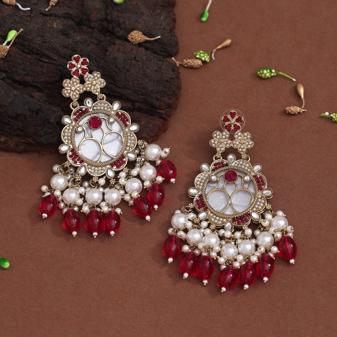 Rani Color Mother Of Pearl Kundan Earrings (KDE970RNI) - preyans.com