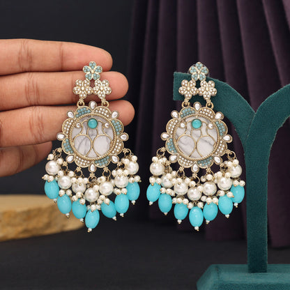 Sky Blue Color Mother Of Pearl Kundan Earrings (KDE970SBLU) - preyans.com