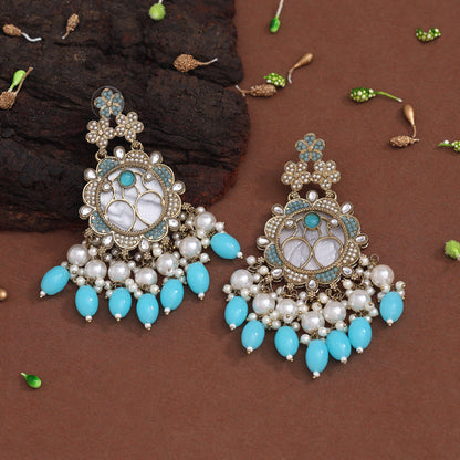 Sky Blue Color Mother Of Pearl Kundan Earrings (KDE970SBLU) - preyans.com