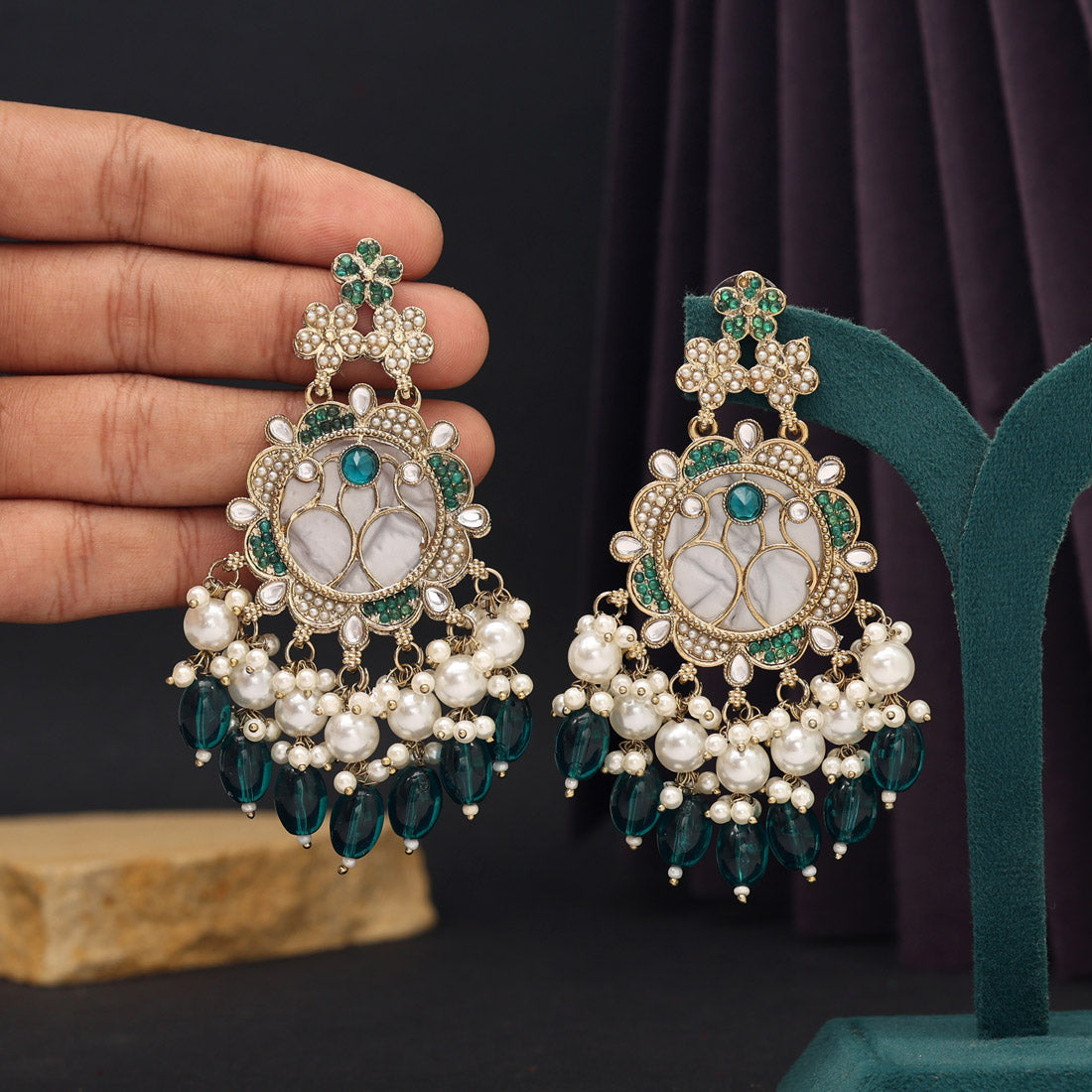 Turquoise Blue Color Mother Of Pearl Kundan Earrings (KDE970TBLU) - preyans.com