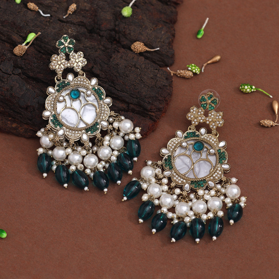 Turquoise Blue Color Mother Of Pearl Kundan Earrings (KDE970TBLU) - preyans.com