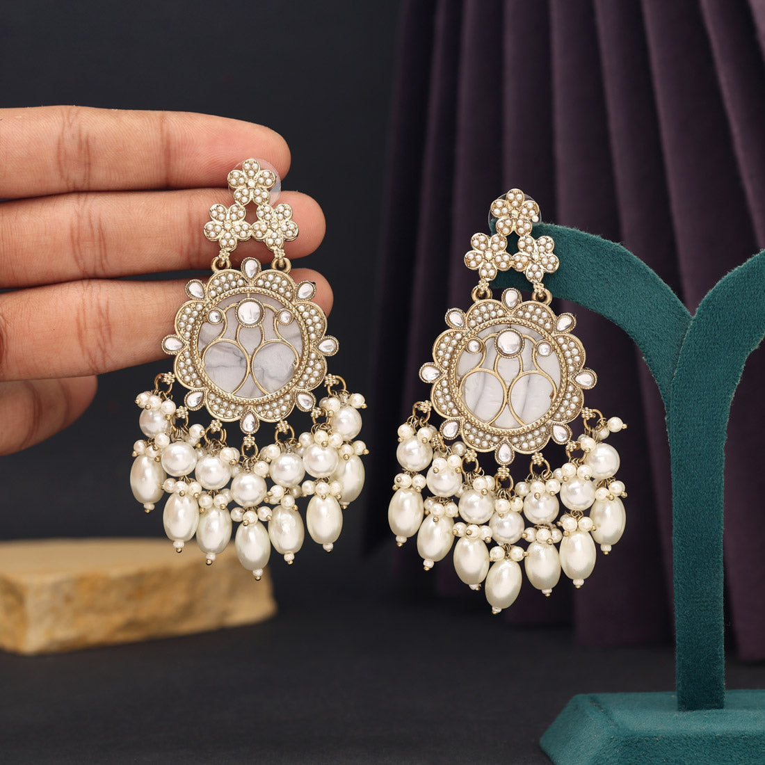 White Color Mother Of Pearl Kundan Earrings (KDE970WHT) - preyans.com