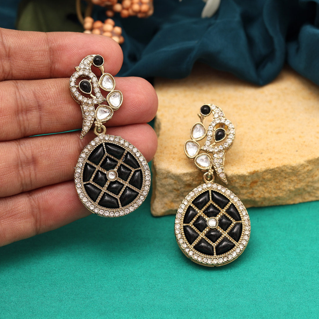 Black Color Kundan Earrings (KDE971BLK) - preyans.com