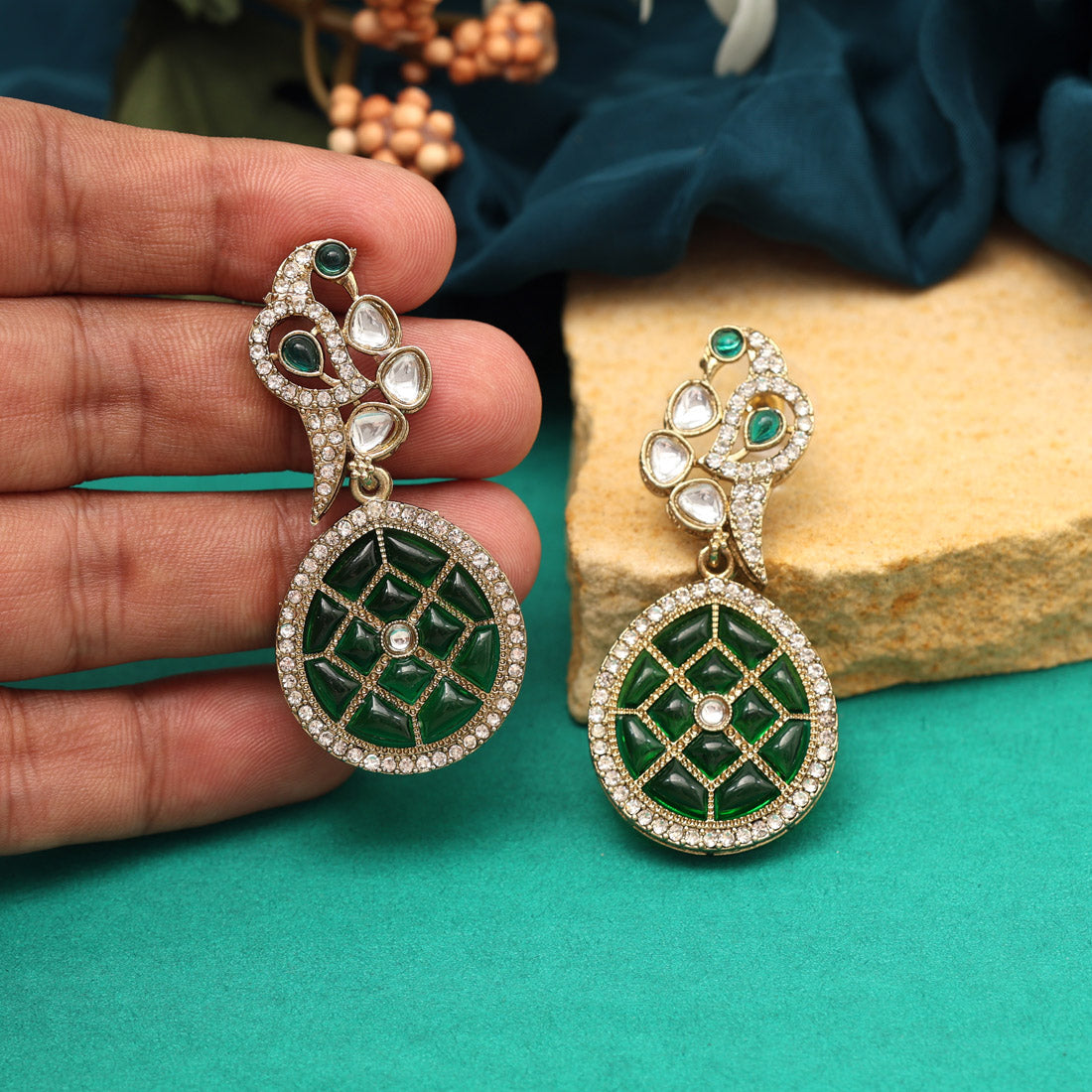 Green Color Kundan Earrings (KDE971GRN) - preyans.com