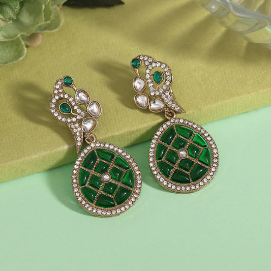 Green Color Kundan Earrings (KDE971GRN) - preyans.com