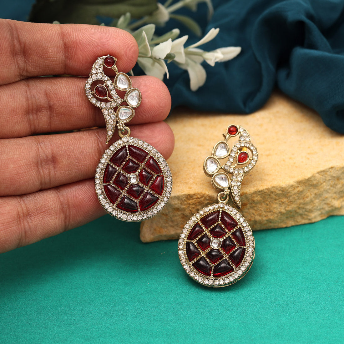 Maroon Color Kundan Earrings (KDE971MRN) - preyans.com