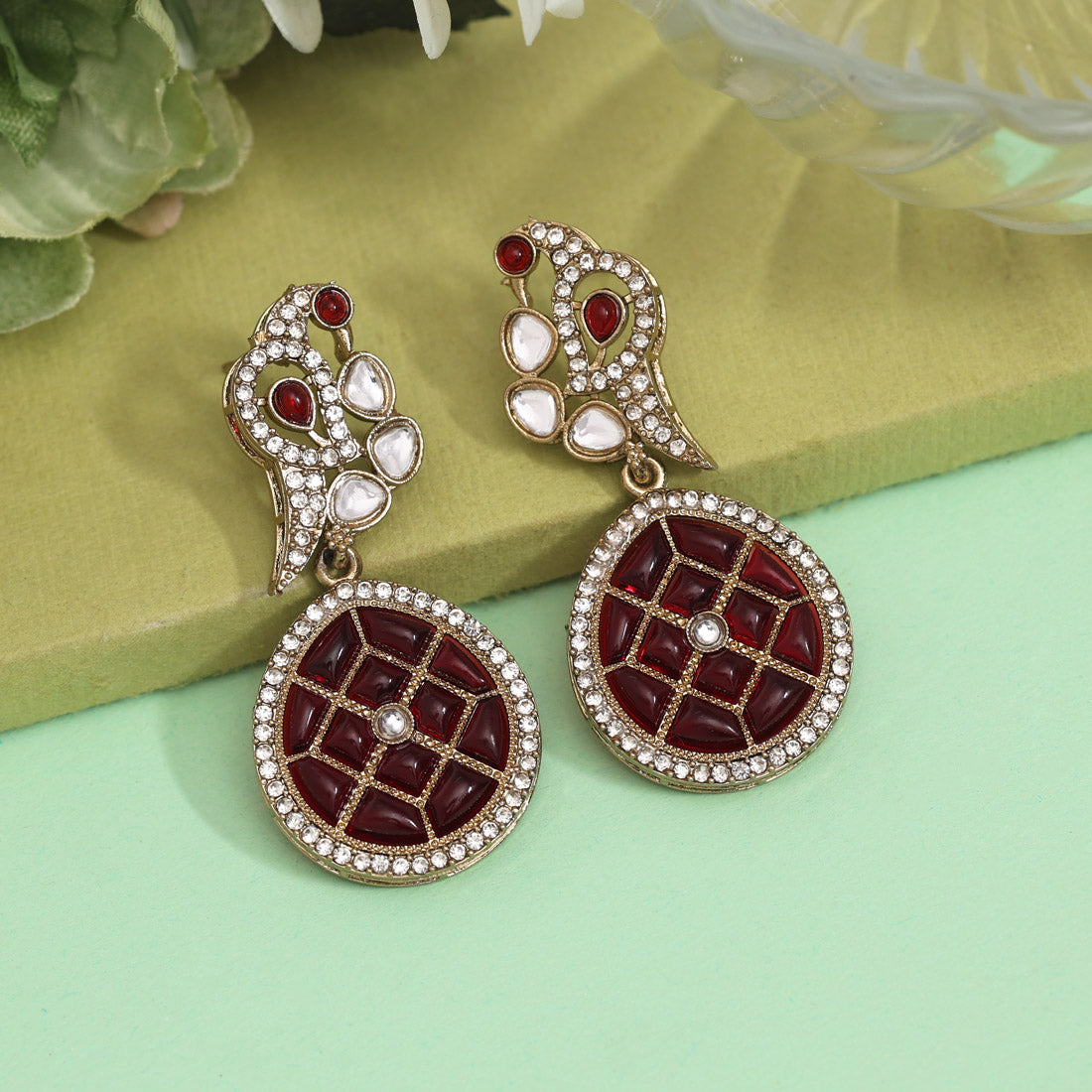 Maroon Color Kundan Earrings (KDE971MRN) - preyans.com