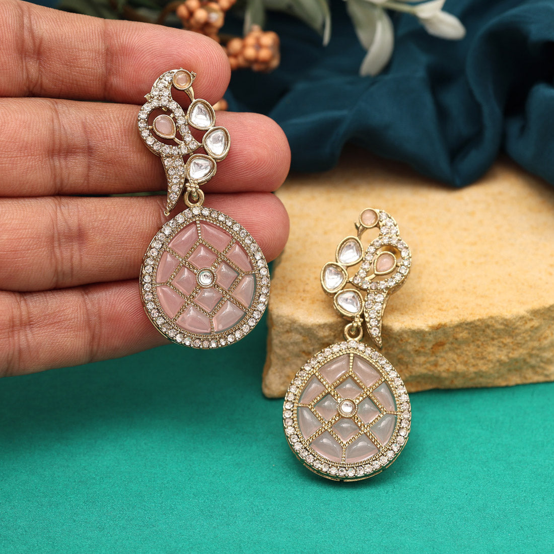 Pink Color Kundan Earrings (KDE971PNK) - preyans.com