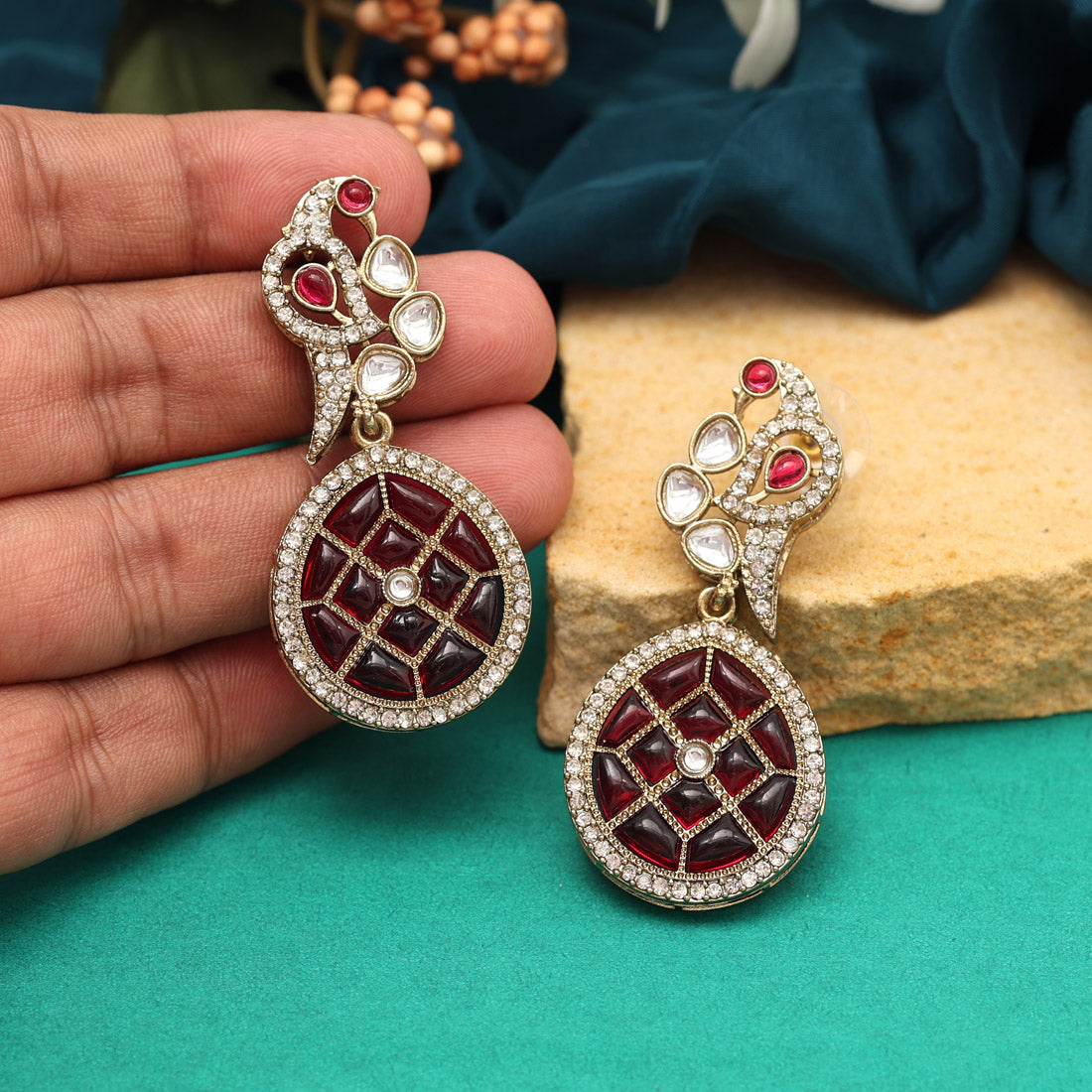 Rani Color Kundan Earrings (KDE971RNI) - preyans.com