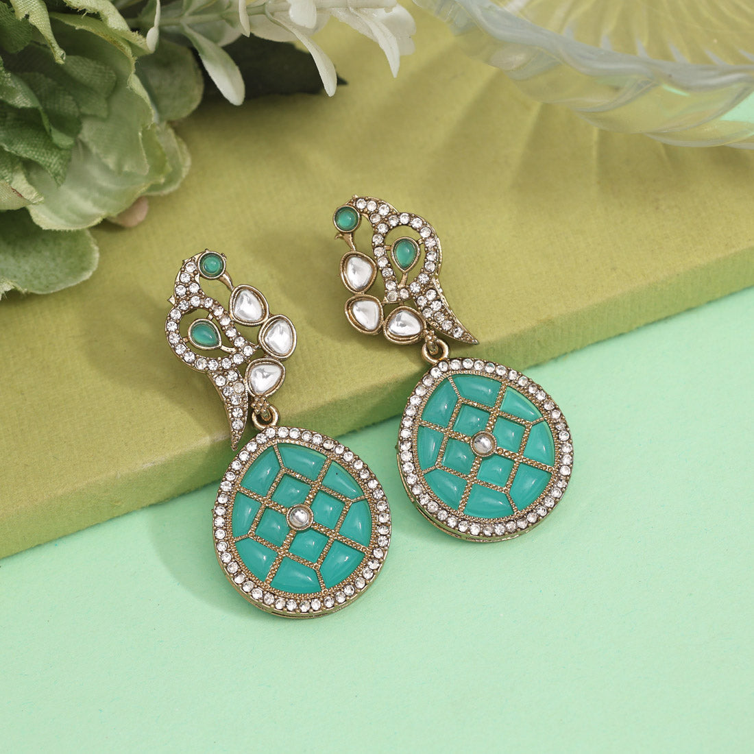 Sky Blue Color Kundan Earrings (KDE971SBLU) - preyans.com