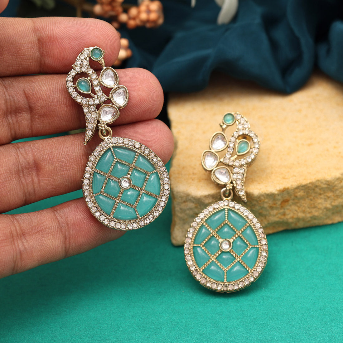 Sky Blue Color Kundan Earrings (KDE971SBLU) - preyans.com