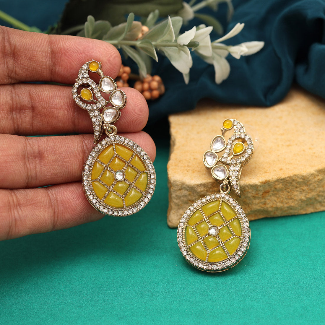 Yellow Color Kundan Earrings (KDE971YLW) - preyans.com