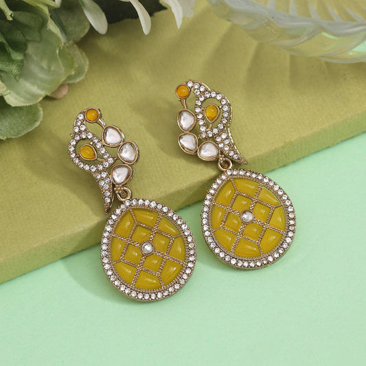 Yellow Color Kundan Earrings (KDE971YLW) - preyans.com