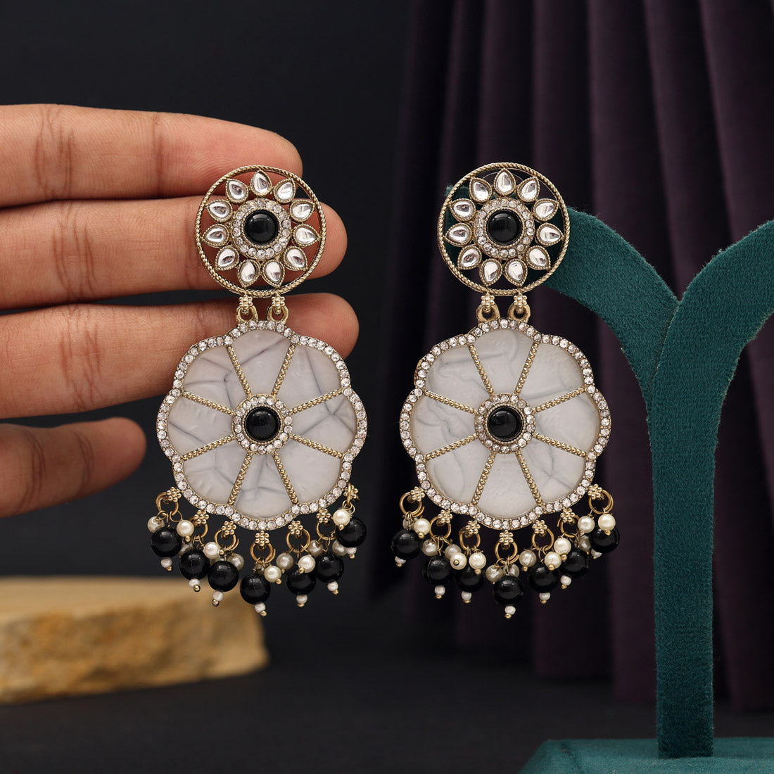 Black Color Mother Of Pearl Kundan Earrings (KDE973BLK) - preyans.com