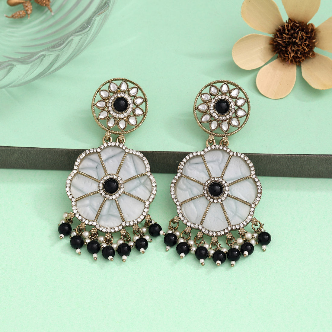 Black Color Mother Of Pearl Kundan Earrings (KDE973BLK) - preyans.com