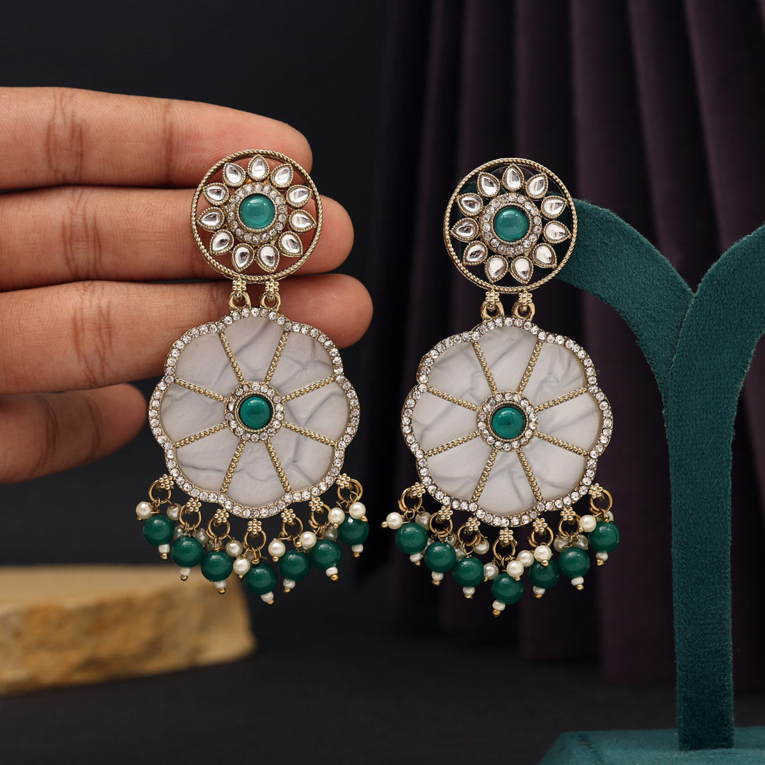 Green Color Mother Of Pearl Kundan Earrings (KDE973GRN) - preyans.com