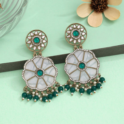 Green Color Mother Of Pearl Kundan Earrings (KDE973GRN) - preyans.com