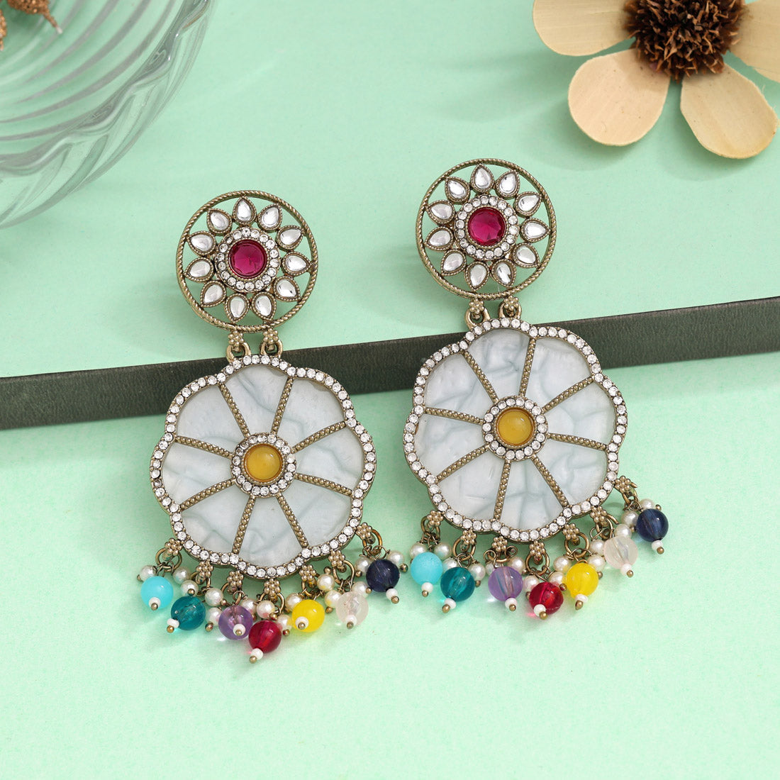 Multi Color Mother Of Pearl Kundan Earrings (KDE973MLT) - preyans.com